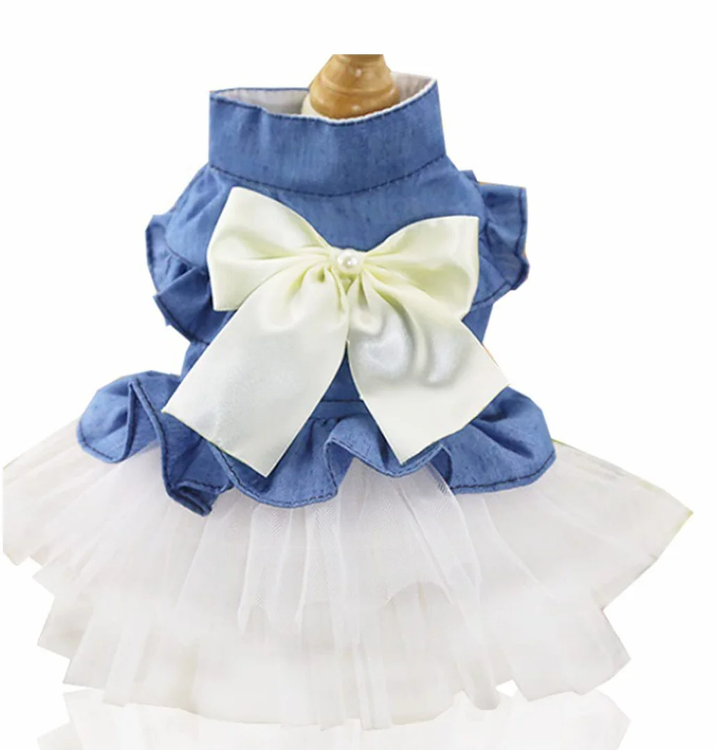 XIAOYU Chien Robe Animal de Compagnie Bowknot Princesse Jupe été Denim Gilet Chemises Douce Soirée Mariage vêtements Blanc XXL