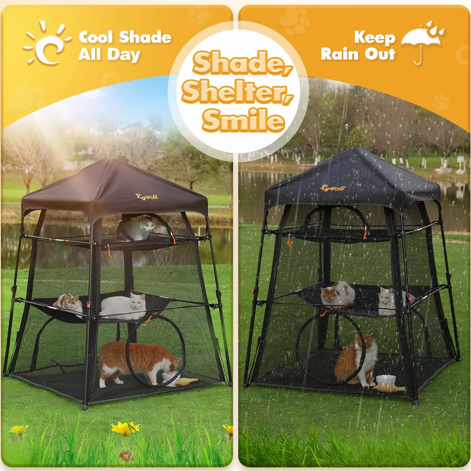 Rywell Enclos pour Chat Extérieur 145x110x110cm 3 Niveaux Pliable avec Sac de Transport