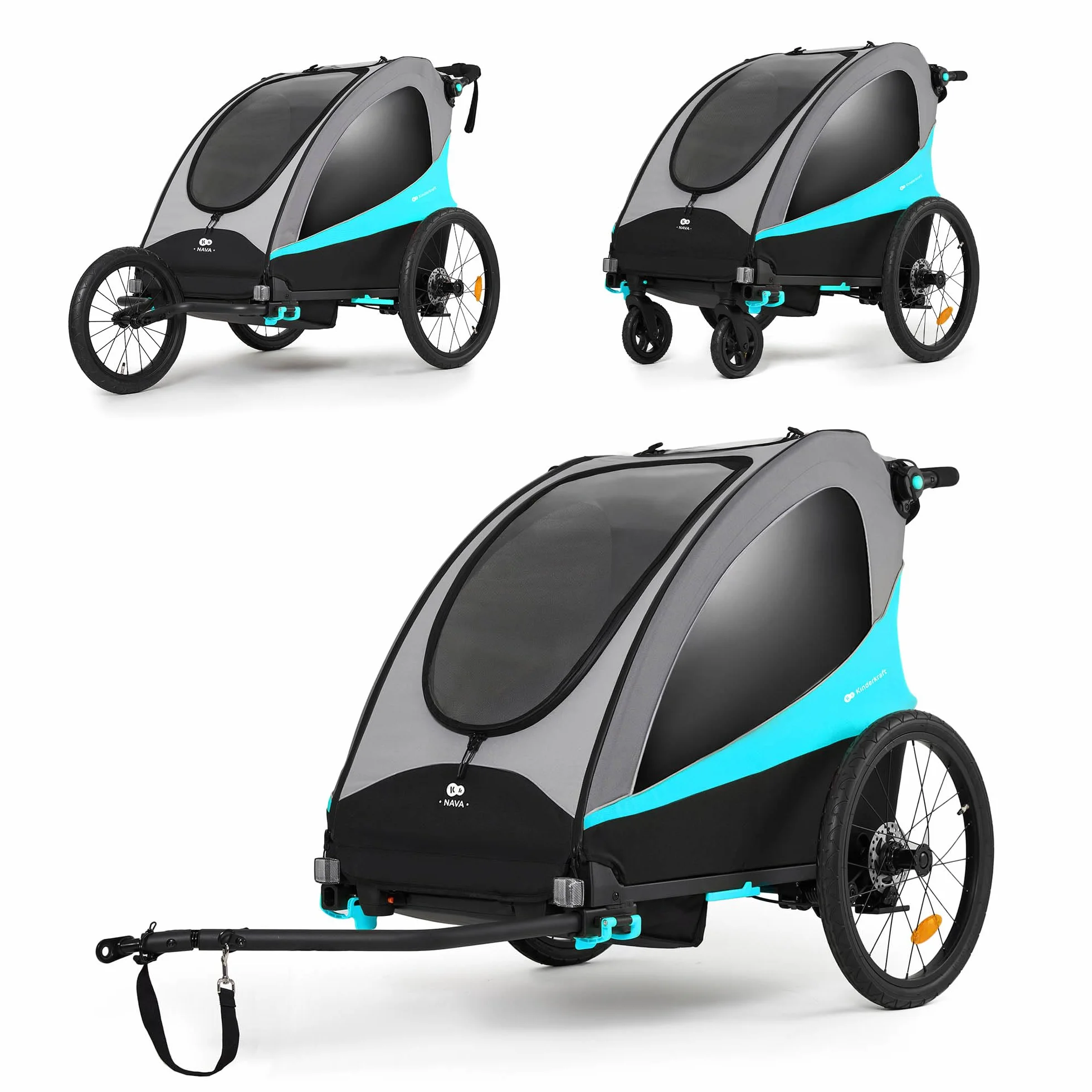 Kinderkraft NAVA 3-en-1 Remorque pour enfants Poussette Jogger Landau Remorque à vélo 2x22kg Protection pluie insectes Bleu