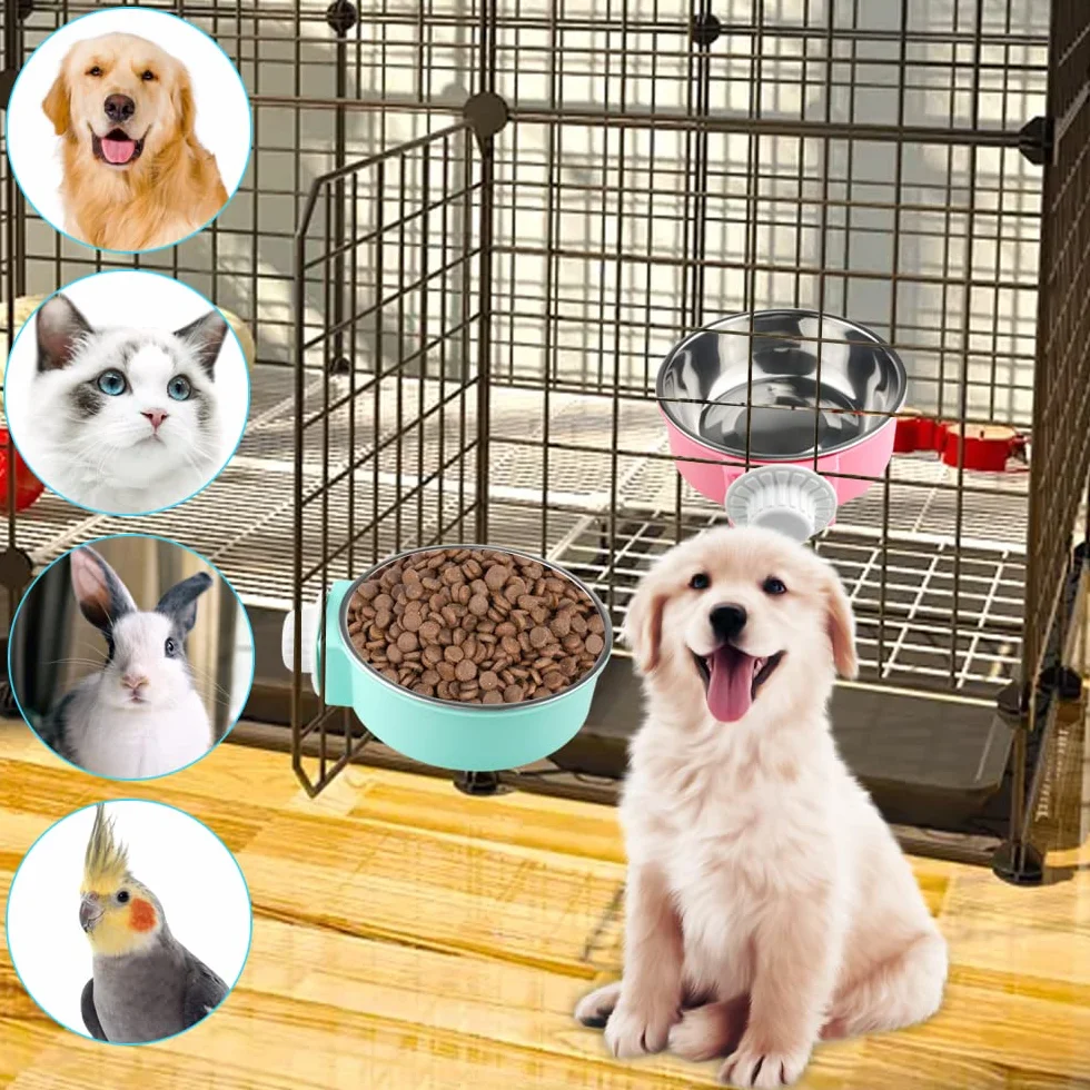 Gamelles Amovibles en Acier Inoxydable à Suspendre pour Animaux de Compagnie, Lot de 2 (Rose + Bleu)