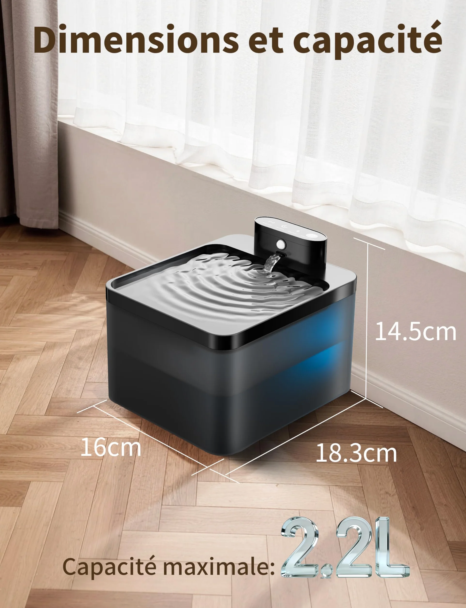 Fontaine à Eau pour Chat sans Fil 2.2L Filtration Multiple résistante aux éclaboussures