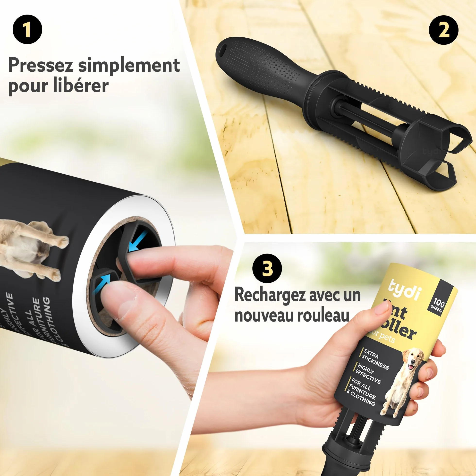 Tydi Rouleau Poils Animaux Réutilisable 500 Feuilles Brosse Adhesive avec 2 Poignées Recharge pour Vêtements Canapés