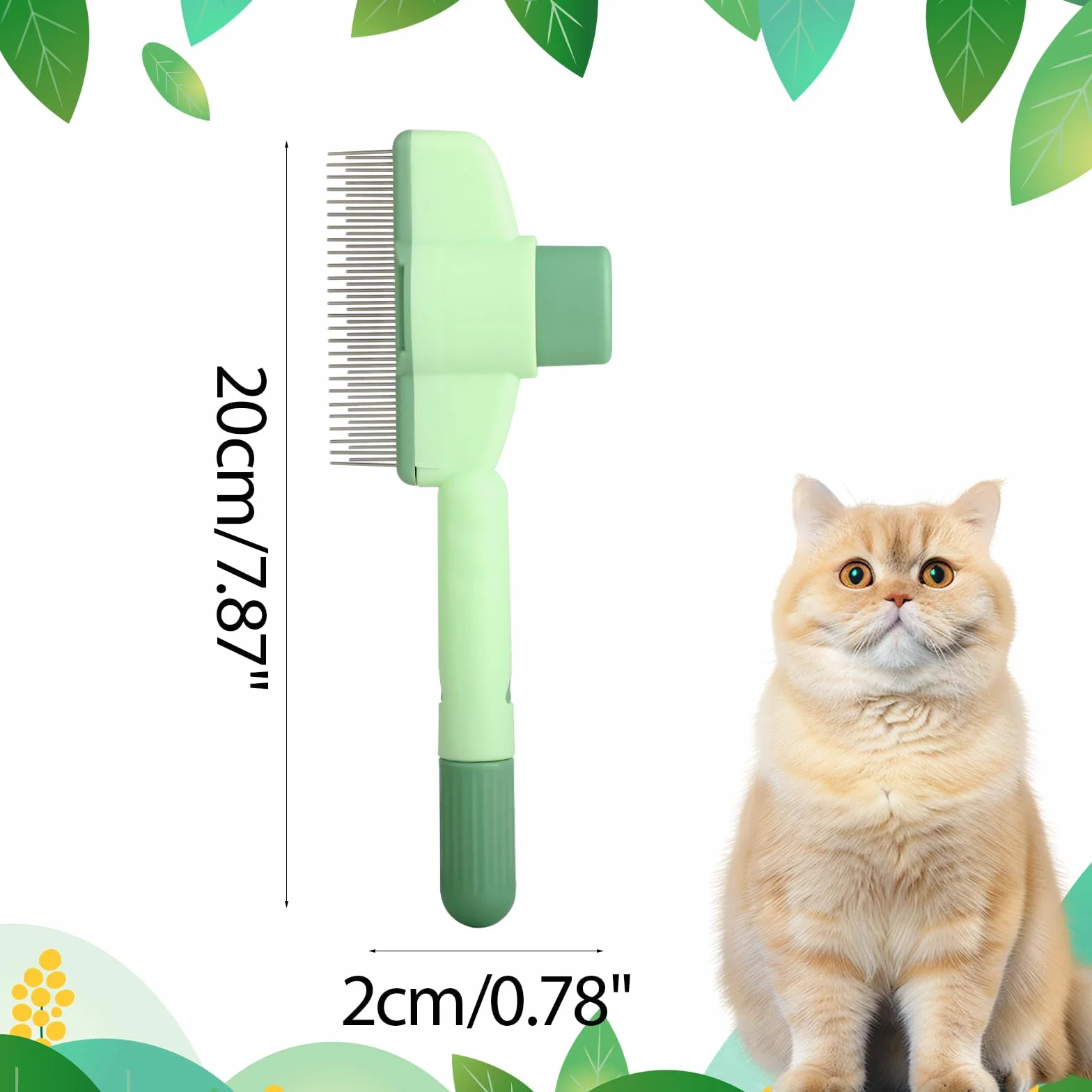 Peigne Autonettoyant pour Chats - Brosse Anti-Puces à Bouton Déverrouillage, Élimine Poils Morts & Nœuds, pour Poils Courts/Longs, 1 Pièce (Vert)