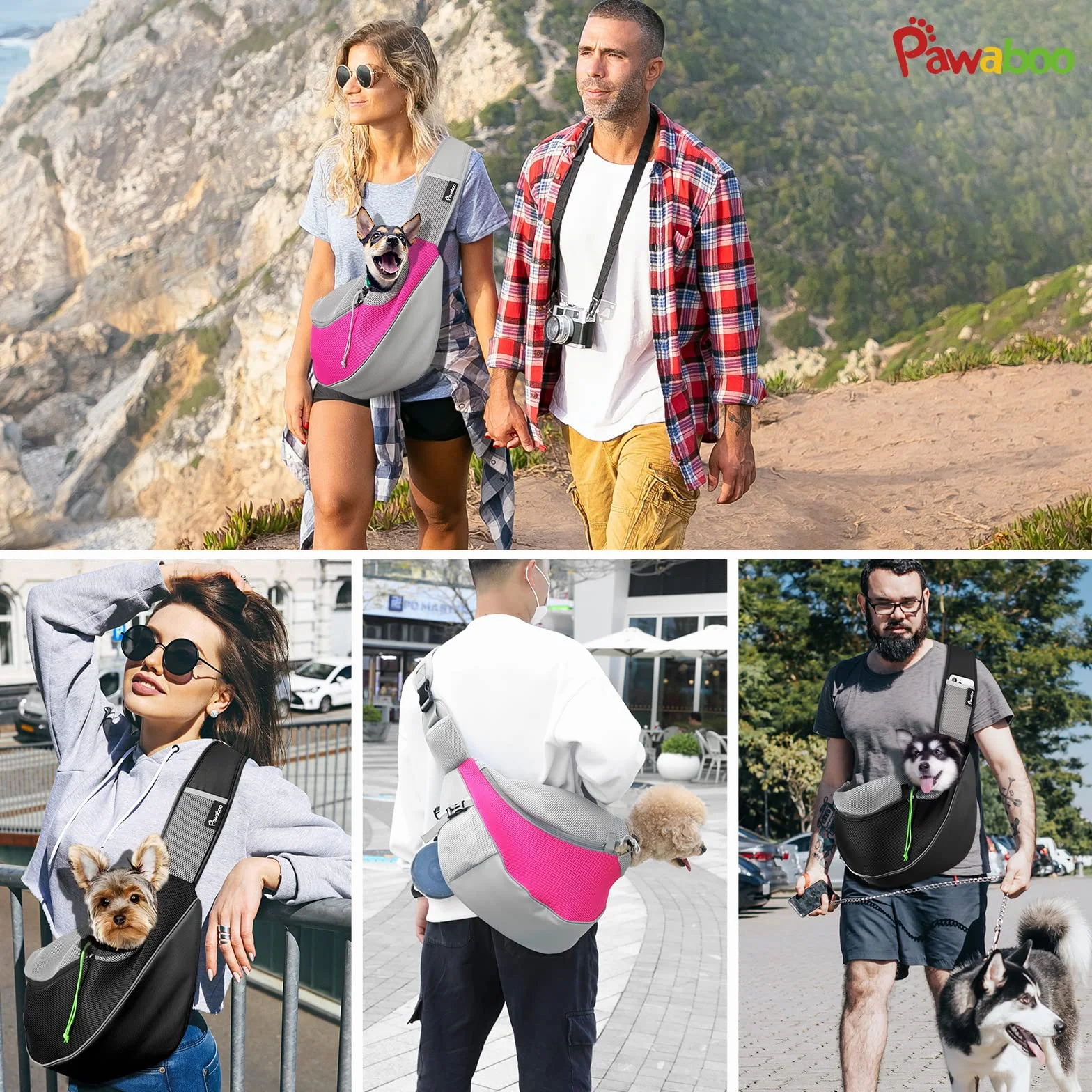Pawaboo Sac de Transport pour Animal de Compagnie, Sac à Bandoulière Mains Libres avec Boucle en D, Sac à Dos en Maille Respirant pour Chiens, L - Noir