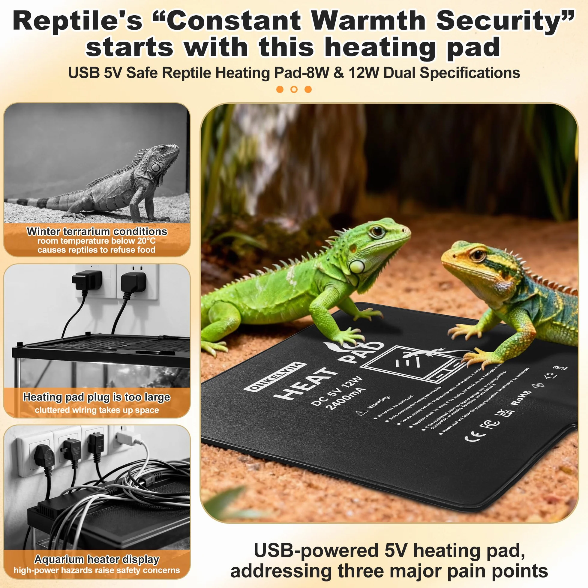Tapis Chauffant Reptile 20x20 CM USB Terrarium Chauffant 12W