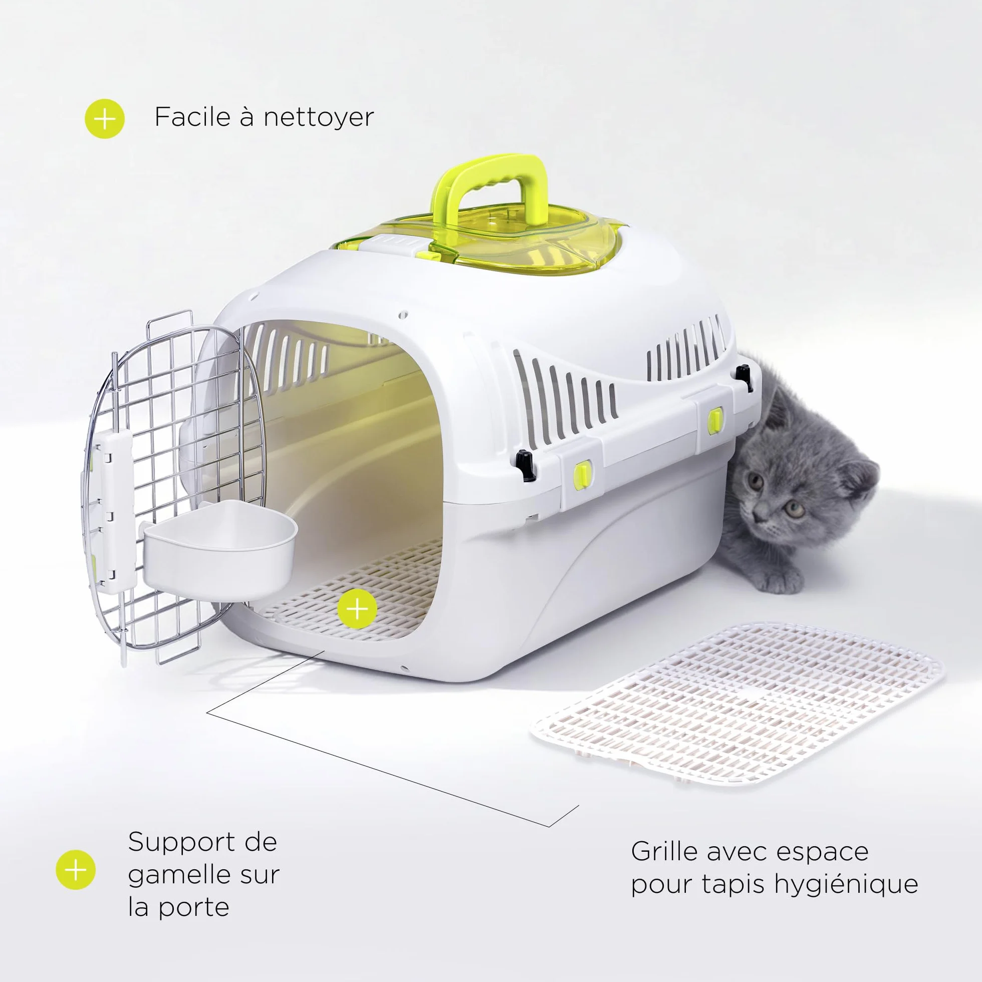 Safy Boîte de Transport Rigide pour Chat avec Porte en Métal, Double Sécurité et Ventilation, Rabat de Visualisation Supérieur, Poignée Escamotable, Grille Amovible