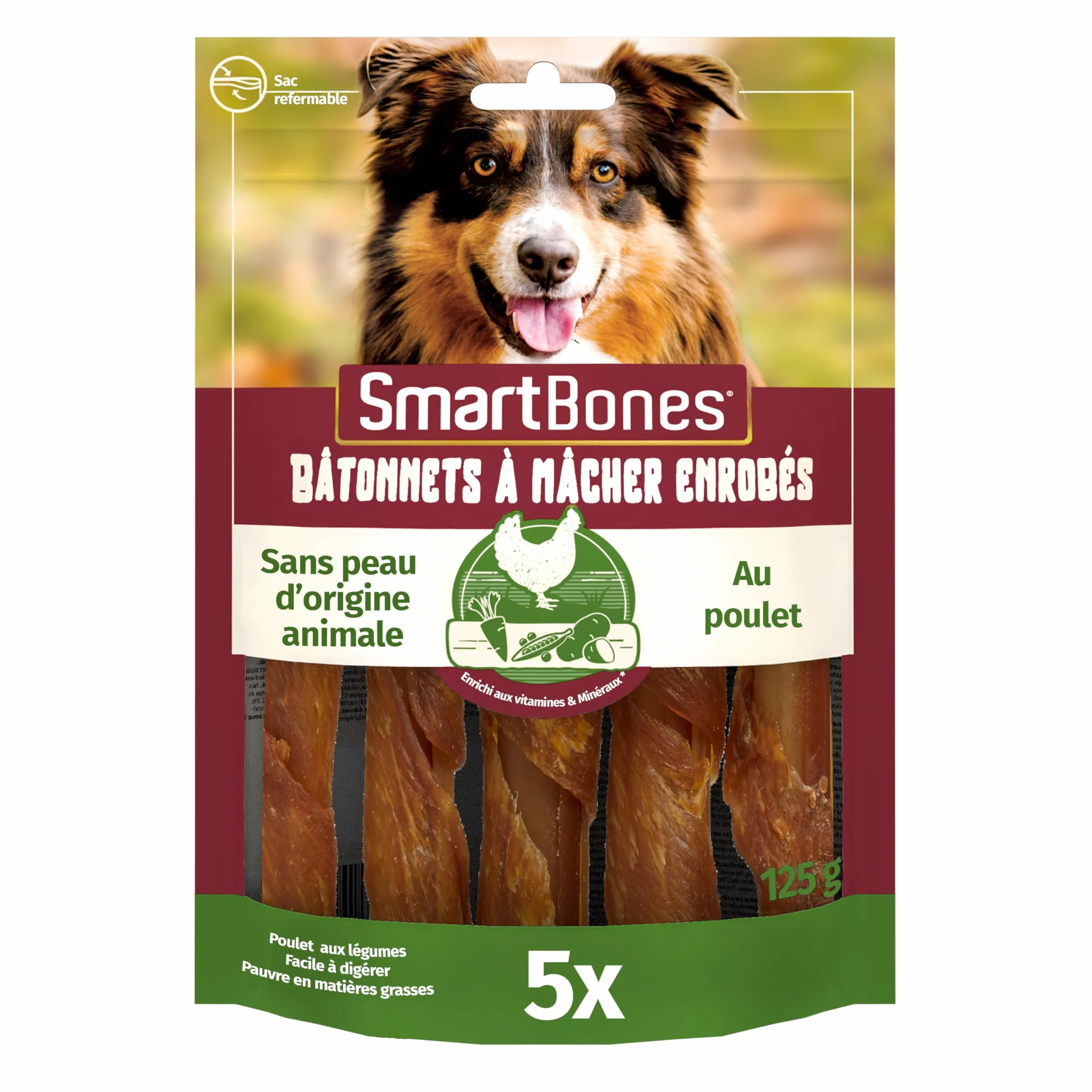 Smartbones Gâteries à mâcher pour chiens sans cuir brut, 5 bâtonnets enrobés de poulet