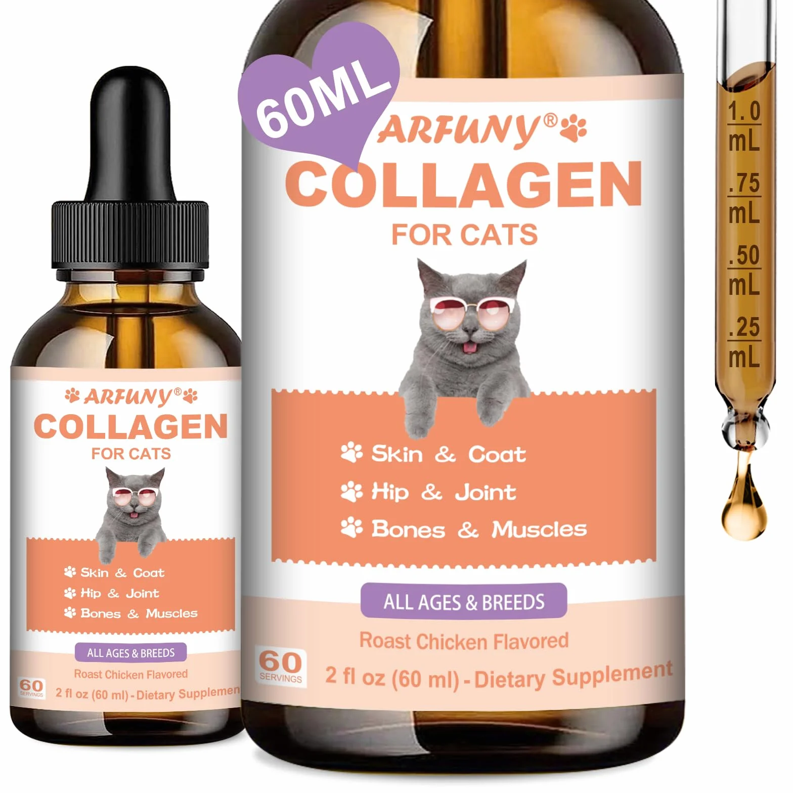 Collagène pour Chats - Gouttes Articulaires Peau Pelage Digestion Immunité MSM Acide Hyaluronique Taurine Saveur Poulet Rôti