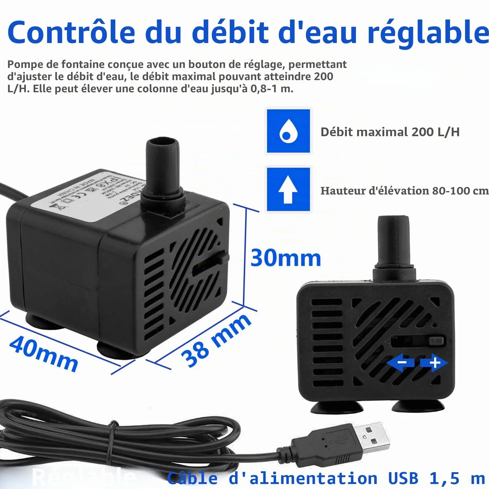 Mini pompe à eau submersible USB DC 5V 200 L/H réglable ultra silencieuse pour aquarium étang hydroponie