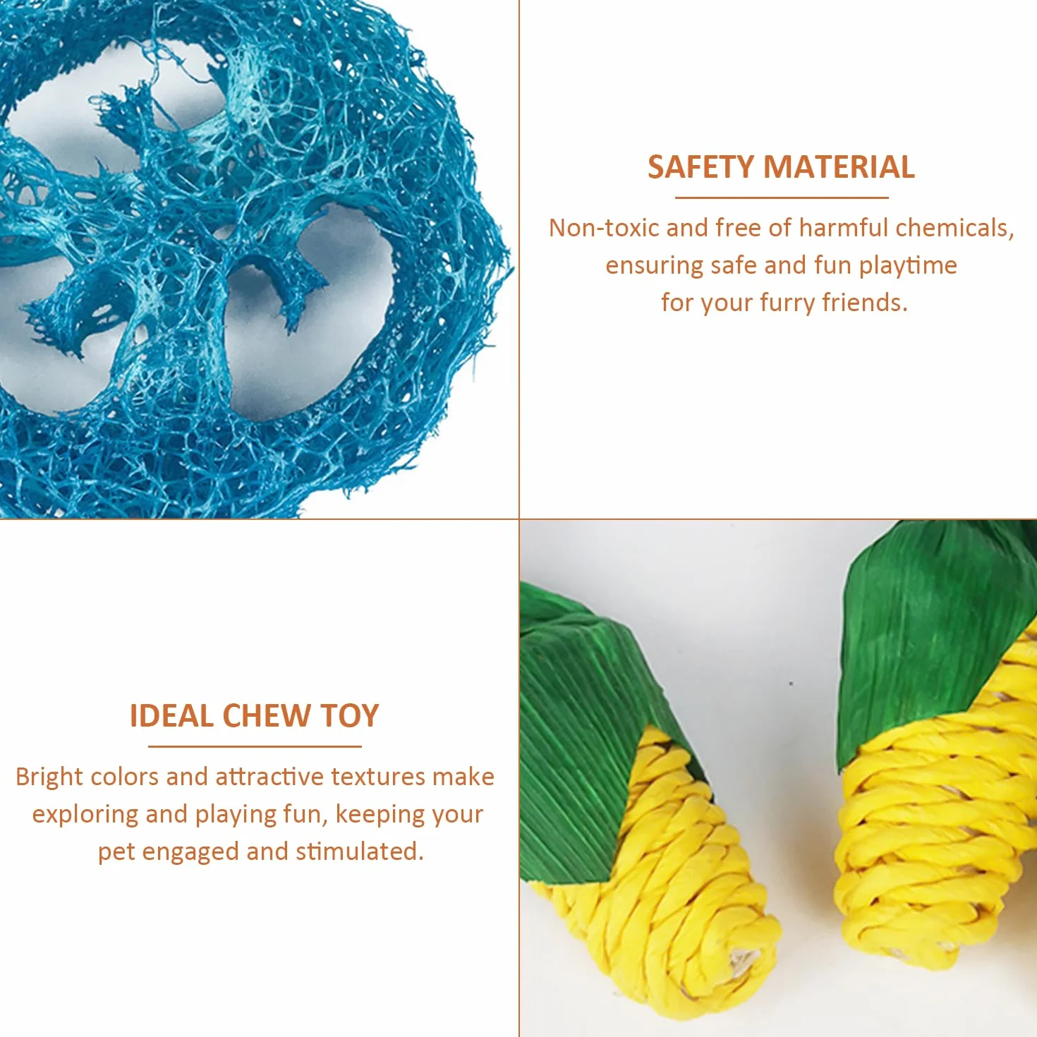 Ensemble de jouets pour hamster : 4 luffas naturels, 2 carottes, 2 radis blancs, 2 maïs, 1 jouet à mâcher d'aubergine