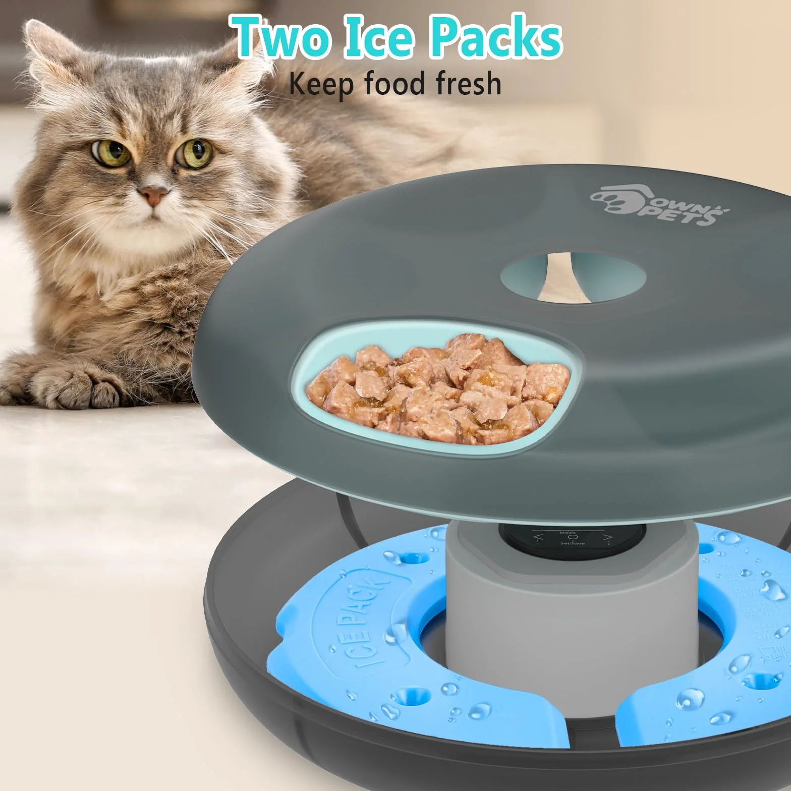 Ownpets Distributeur automatique de nourriture pour chat - 6 repas - Avec 2 blocs réfrigérants - Minuterie programmable - Alimentation automatique pour chats et chiens de petite taille