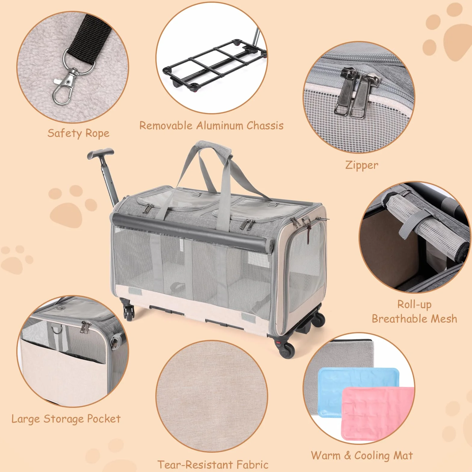 Sac de transport à roulettes double compartiment pliable pour 2 chats et chiens, respirant pour voyage randonnée