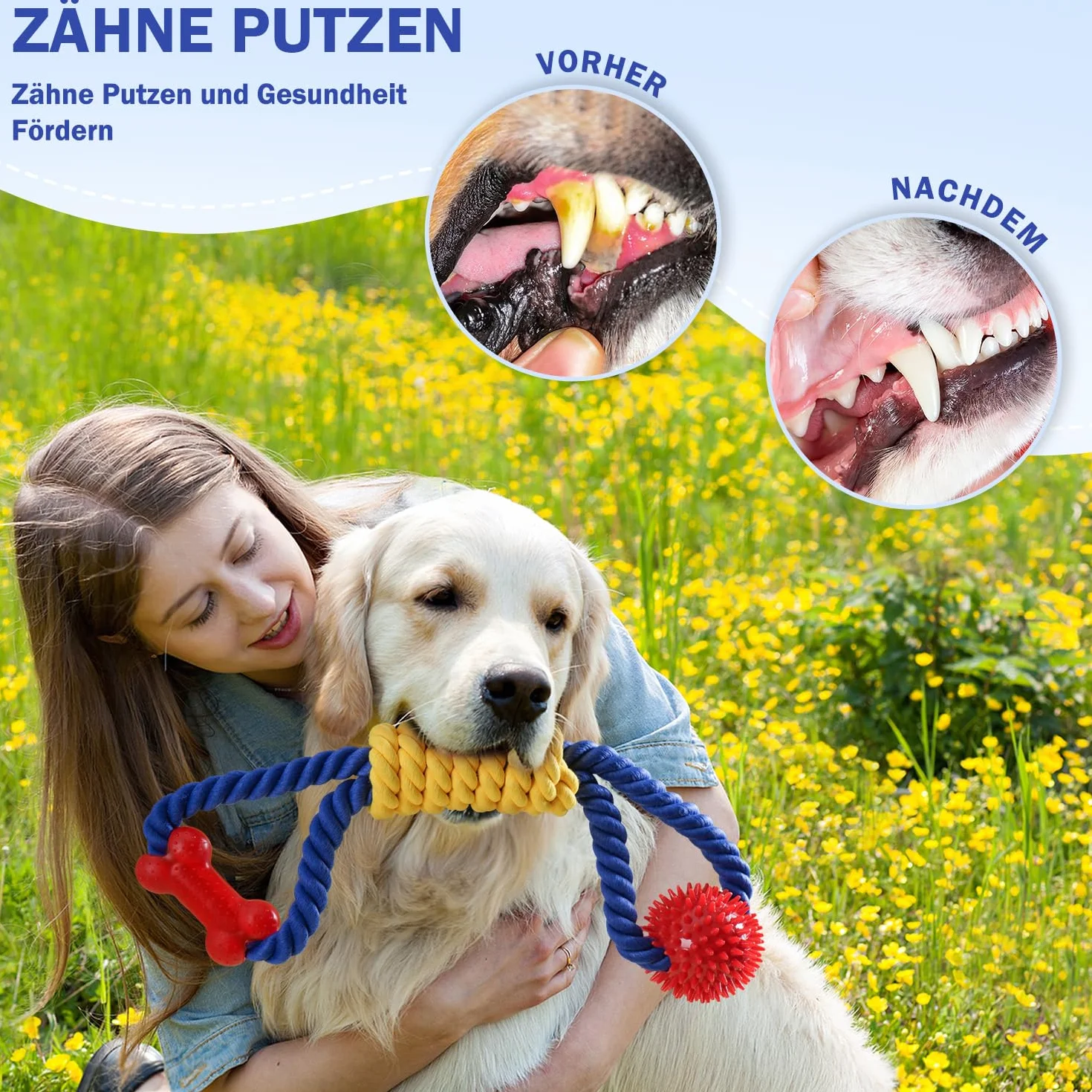 Aitmexcn Jouet Chien Indestructible 43 cm – Corde et Balle à Mâcher en Coton, Jouet Interactif pour Petits et Moyens Chiens, Nettoyage Dentaire et Anti Ennui