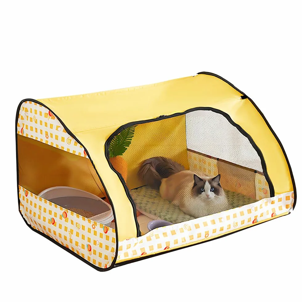 Parc pour Chien Intérieur Portable Pliable Multifonctionnel avec Fermeture éclair Jaune Taille S