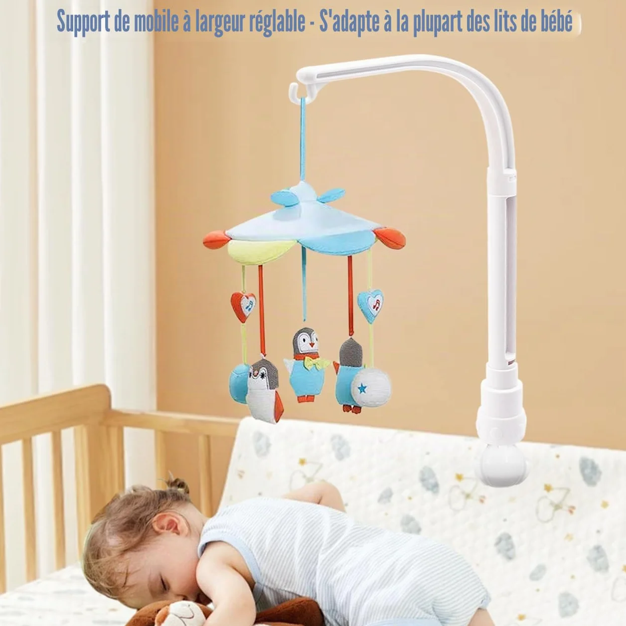 Support Mobile Lit Bébé Berceau Amovible Réglable en Largeur, Carillon à Vent Suspendu, Jouet Nouveau-né 0-12 Mois