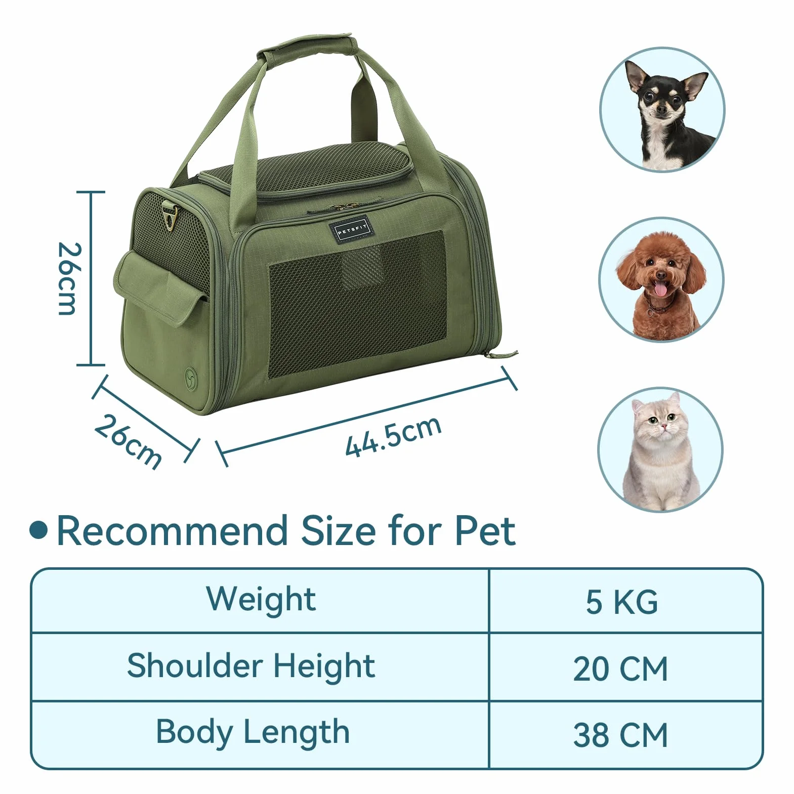 Petsfit Sac Transport Chat et Chien avec Coussin Extensible Taille S Olive Verte
