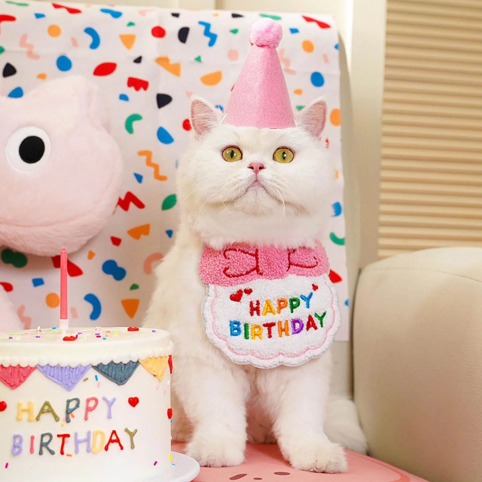 SSKHE 3PCS Chapeau Écharpe Bannière d'anniversaire pour Petit Chien Chat, Fournitures De Fête d'anniversaire pour Kitten, Décorations Kit De Décoration Brodées avec Nœud Papillon (Pink, One Size)