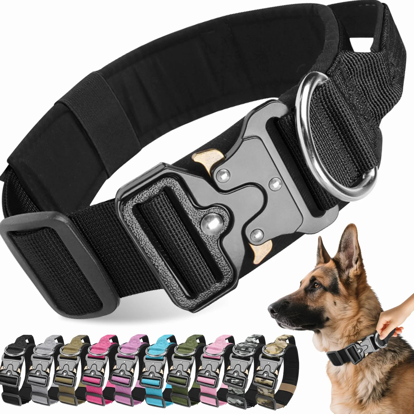 Collier Tactique pour Chien Durable Nylon Réglable avec Poignée Boucle Métal Noir XL