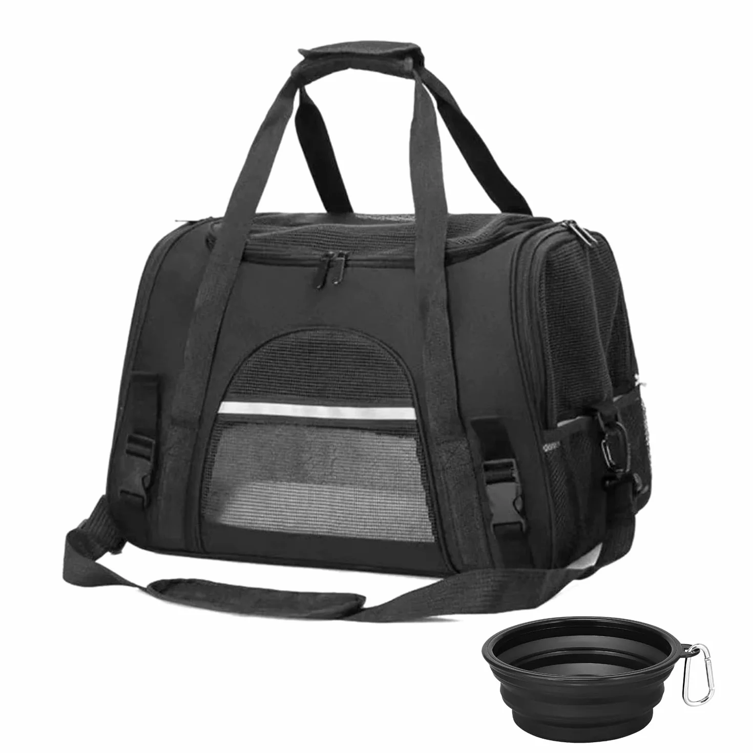 Transport Sac Chat Chien Caisse Respirant Pliable avec Matelas Amovible et Bol Noir