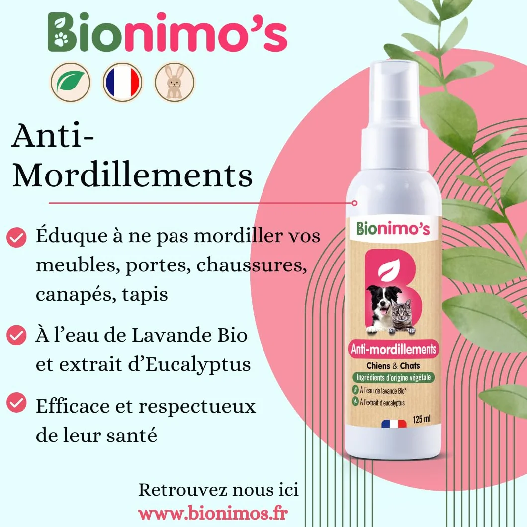 Spray Anti-Mordillement Chiens & Chats Bionimo, Naturel et Végétal, Eucalyptus, Eau Lavande Bio, 100% Français