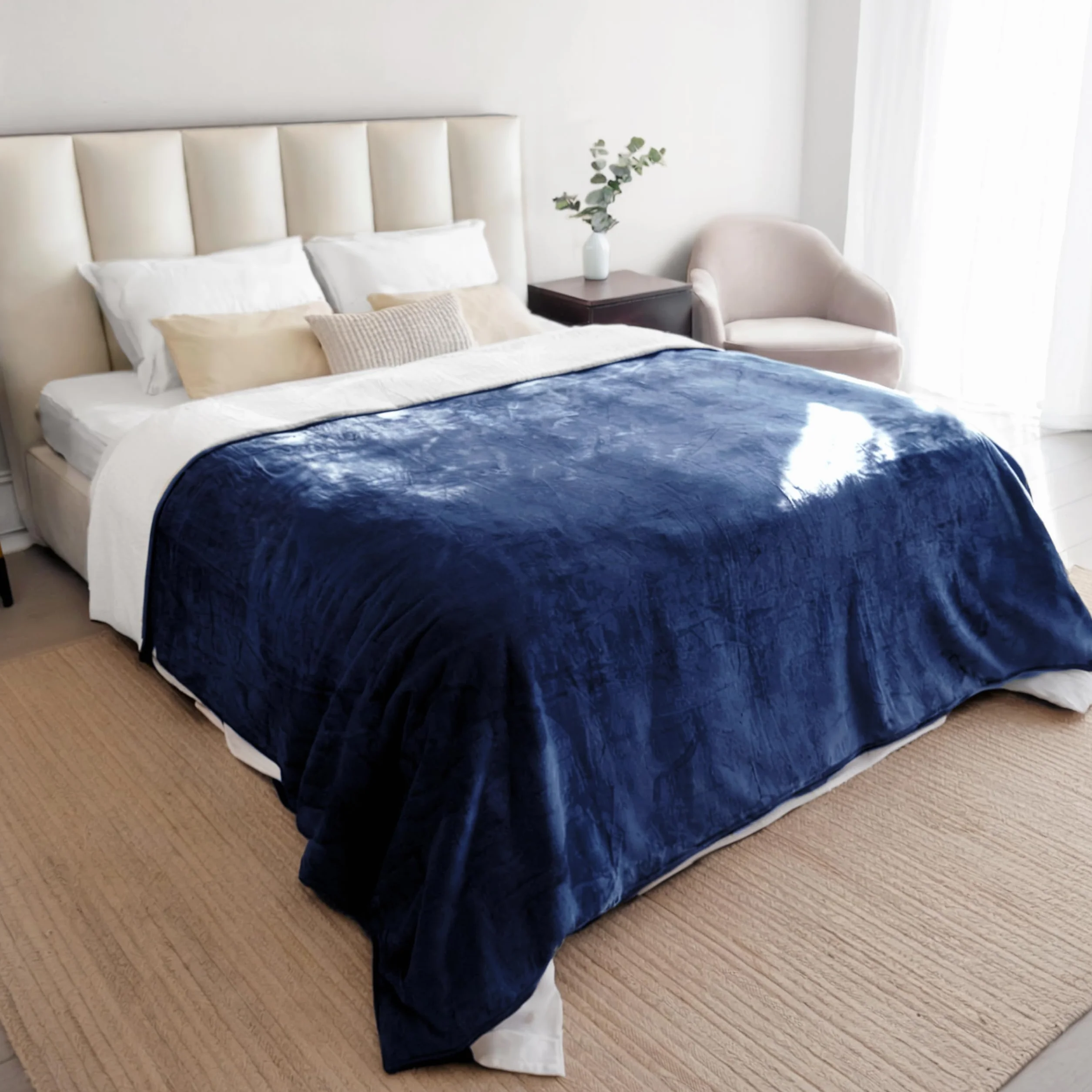 Plaid Imperméable Chien 152x203 cm Couverture Réversible Polaire Sherpa Lavable Bleu Marine