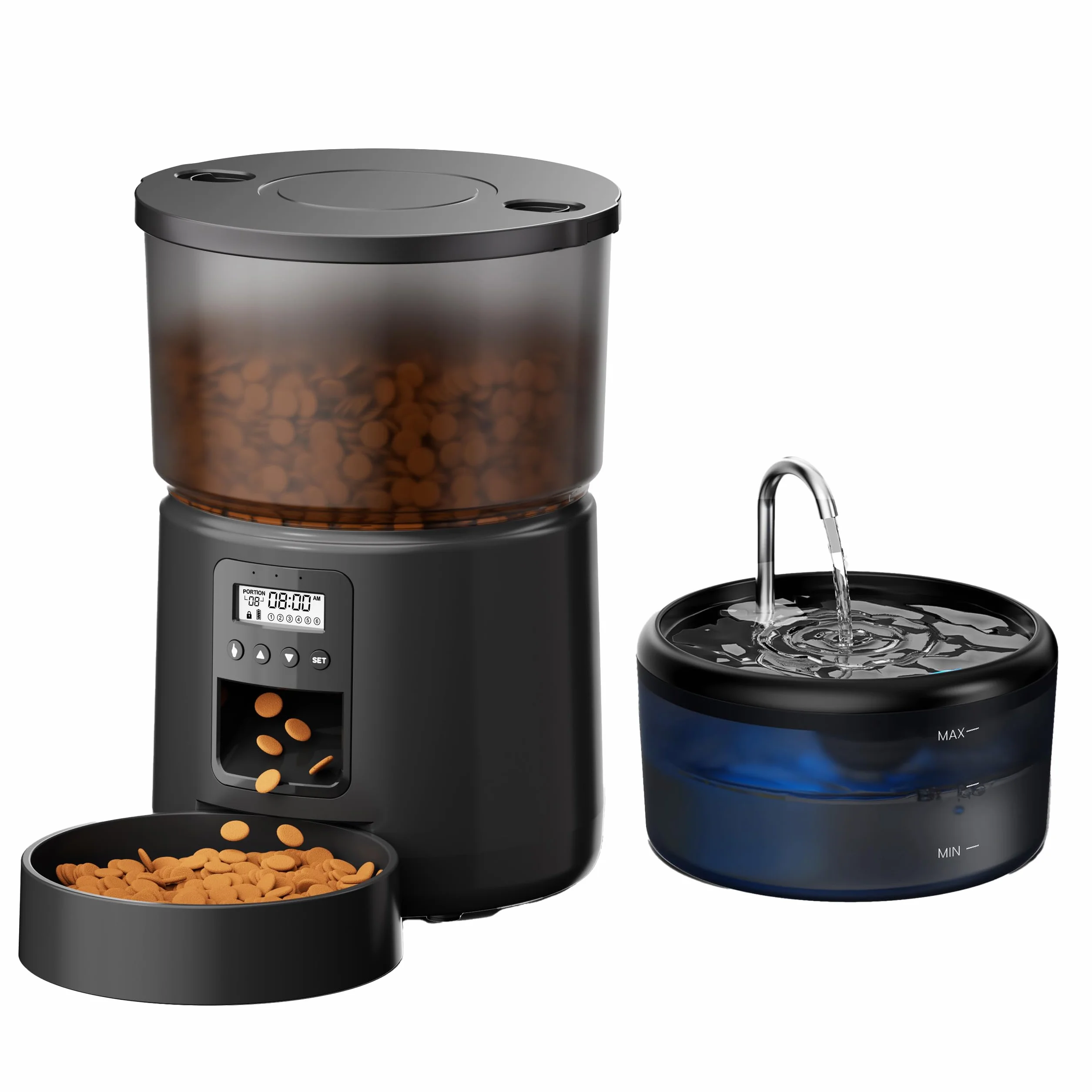 Distributeur Croquettes Chat Automatique Fontaine 2,4L 3L Mangeoire Minuterie Programmable 6 Repas 10S Voix Noir