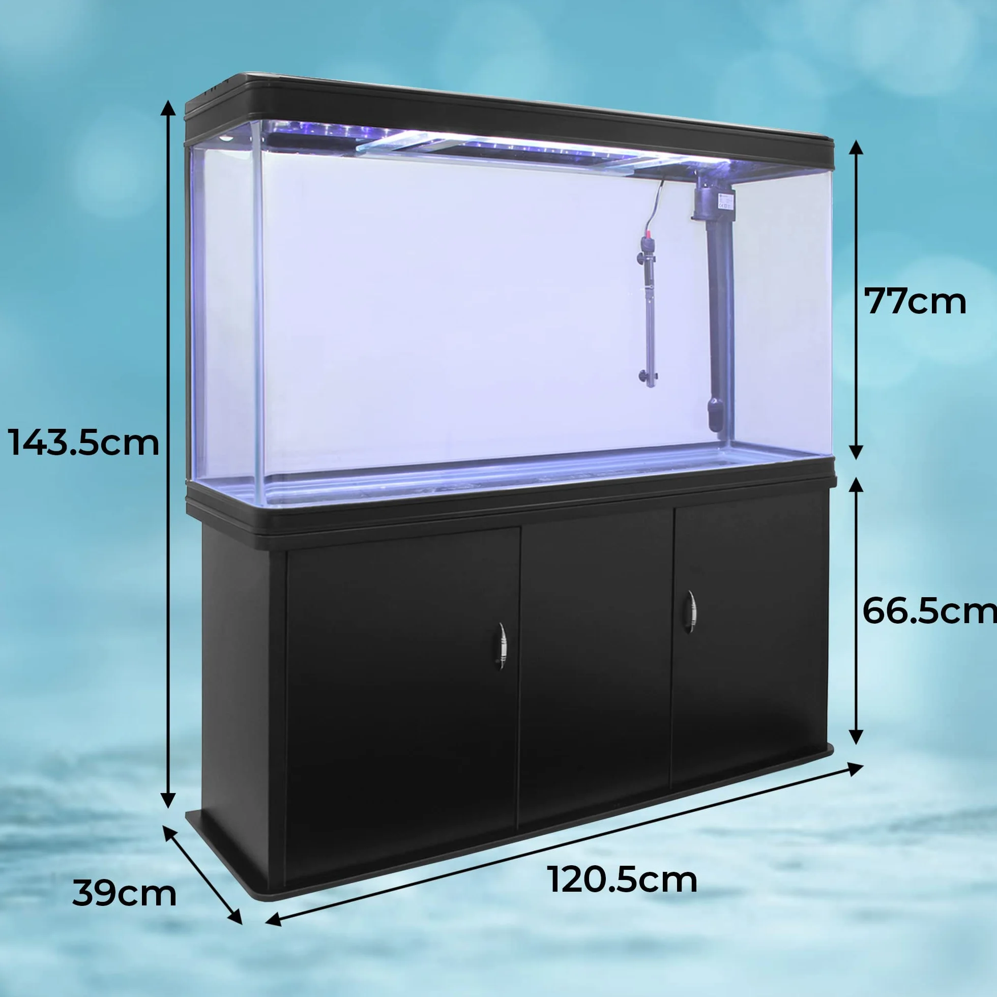 Aquarium Noir 300L Kit Démarrage Meuble 143,5x120,5x39cm Graviers Bleu