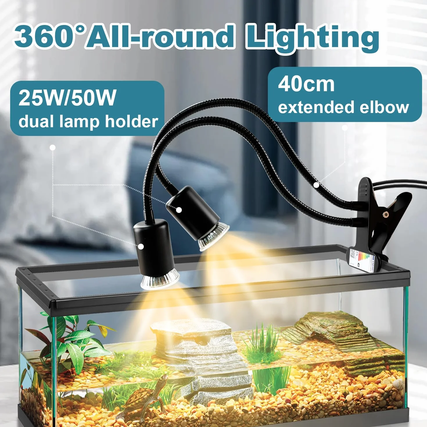 Lampe Chauffante Tortue à Deux Têtes 25W+50W Reptiles E27 UVA+UVB avec Minuterie Noir