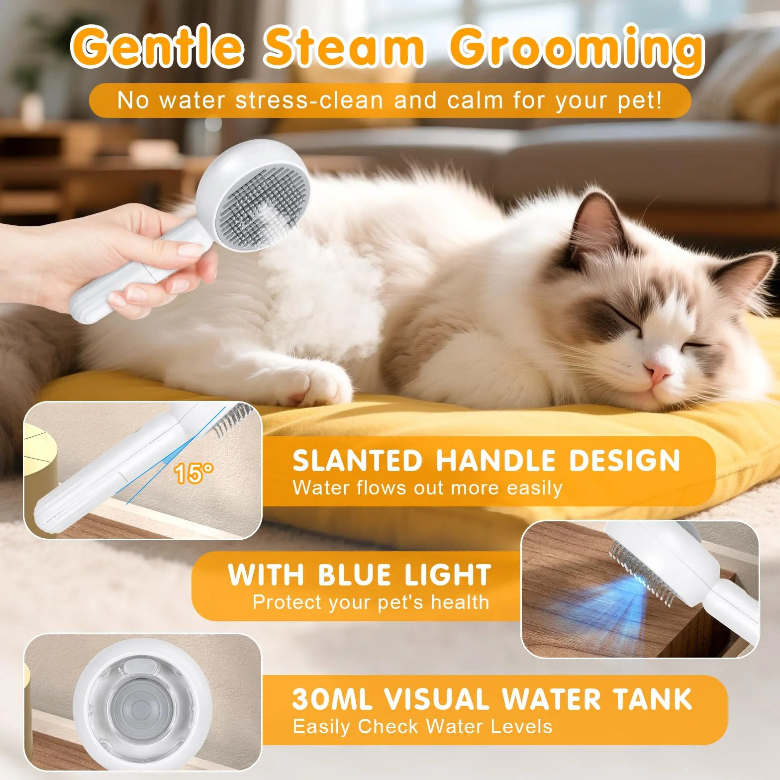 Brosse à Vapeur pour Chat Chiens 4 en 1 Qoosea Autonettoyant, Peigne de Massage en Spray, Blanc