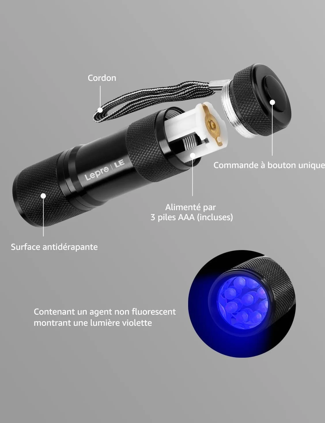 Lepro Lampe UV 395nm LED Lumière Noire Ultraviolet, 3 Piles AAA Fournies