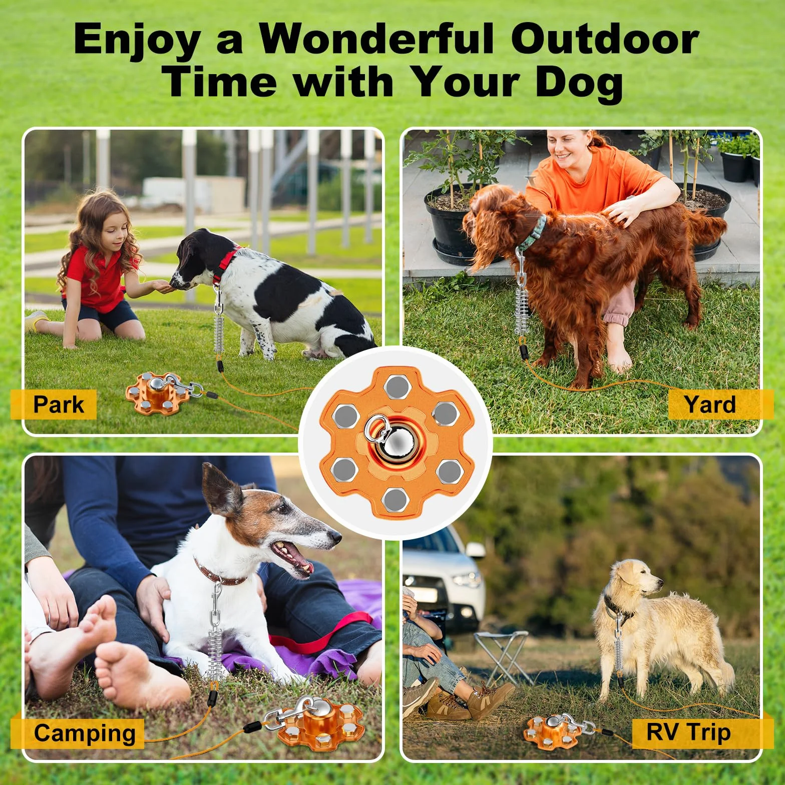 Piquet d'Attache pour Chien 360° Pivotant Robuste 6 Ancrage Vis 180 lb Force Traction Orange