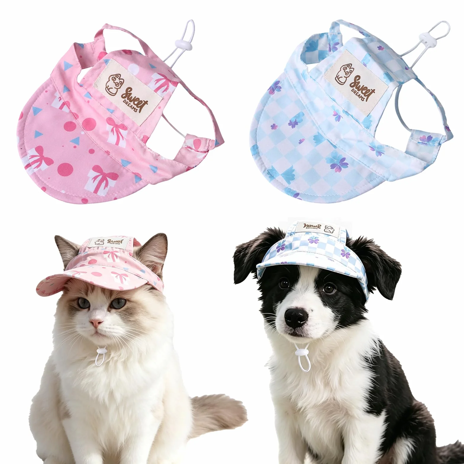 2 Pièces Casquette Chien de Protection Solaire, Chapeau pour Chat Réglable avec Trous d'oreilles, Chapeau de Sport Chat de Compagnie Extérieur pour l'Été Convient Chats et Chiots, Respirant M