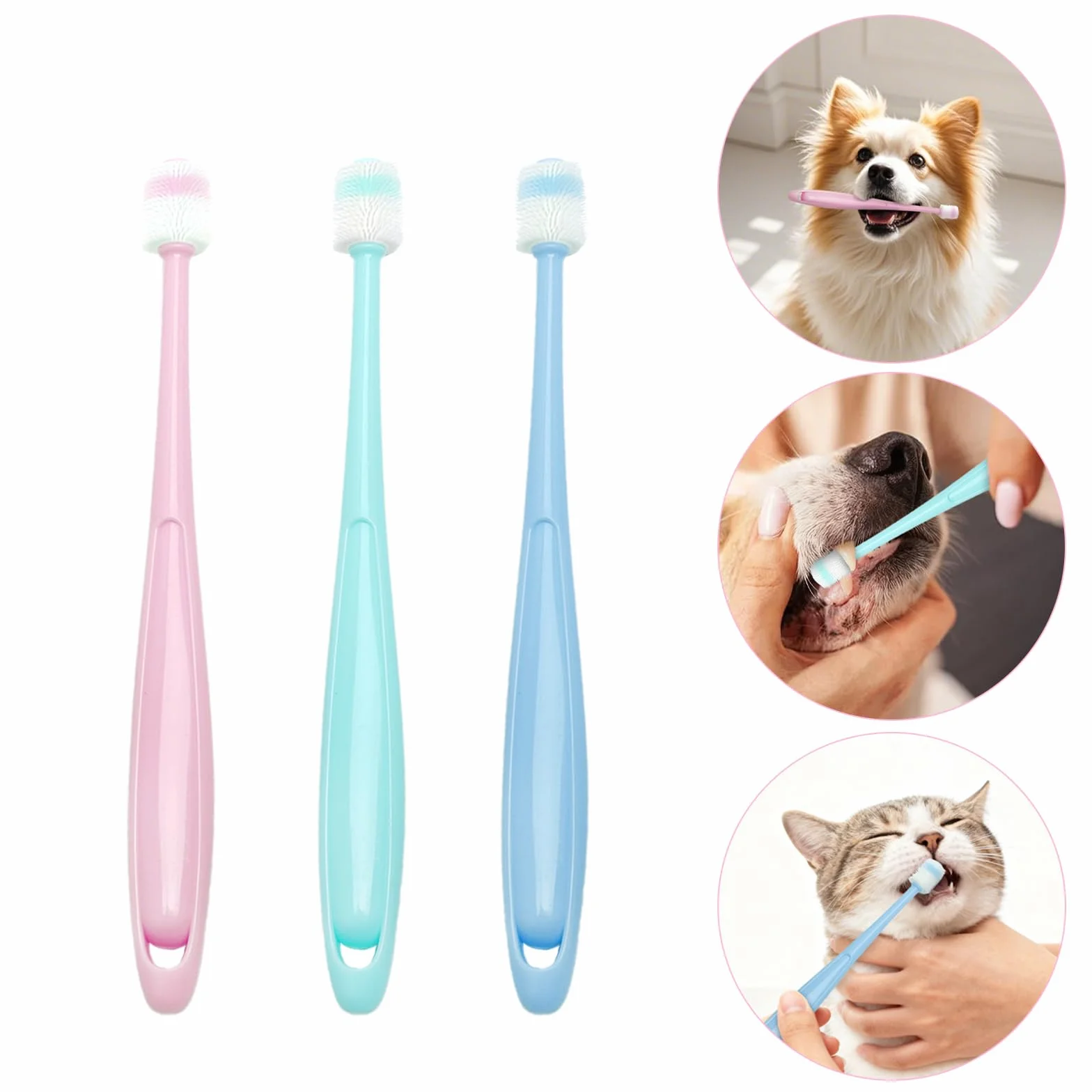 Lot de 3 Brosses à Dents pour Chat + 2 Brosses à 360° en Silicone Souple Réutilisable - Rose, Bleu, Vert