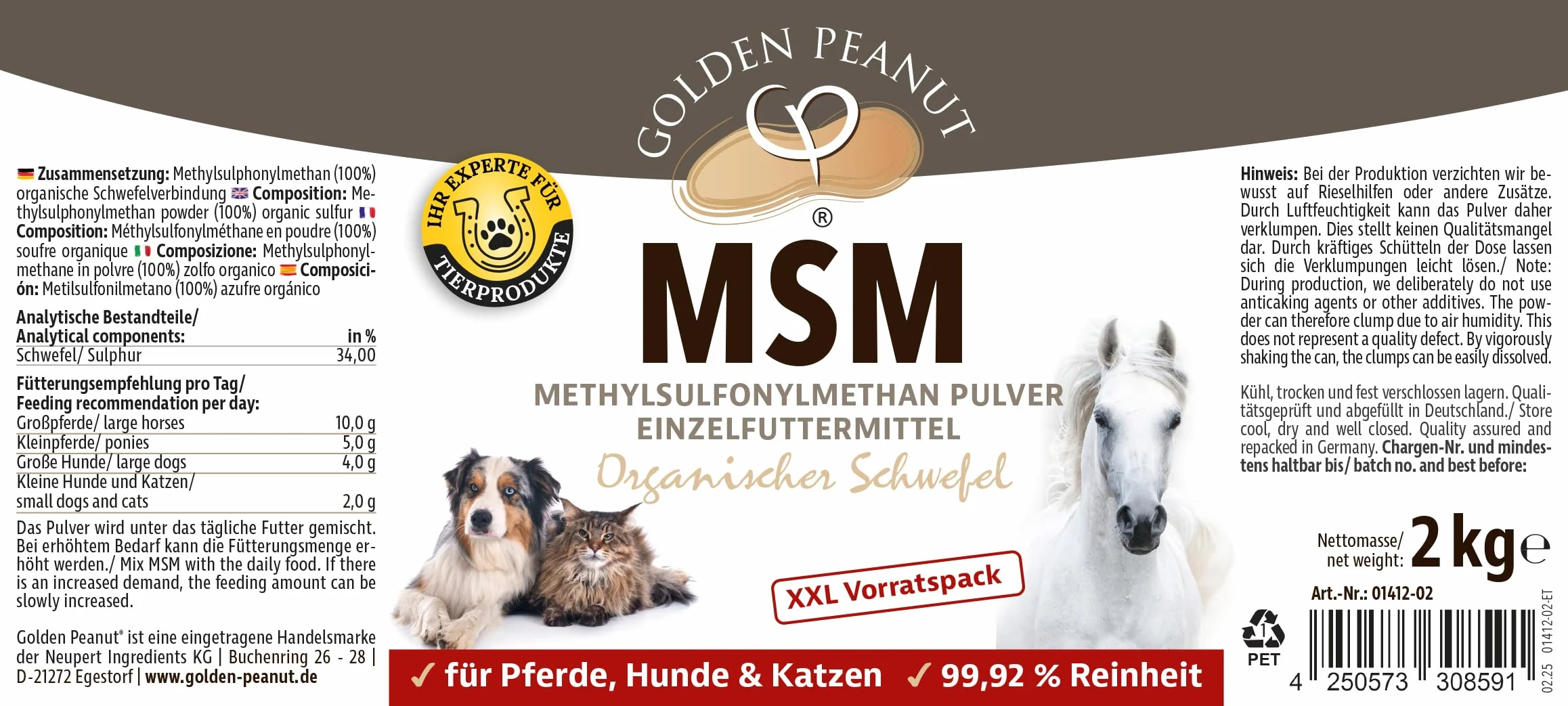 GOLDEN PEANUT MSM Methylsulfonylméthane Poudre 2 kg Pureté 99,92 % pour animaux