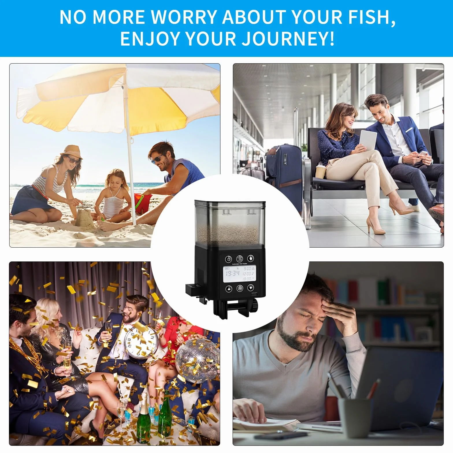 Mangeoire Automatique pour Poissons Minuteur Rechargeable avec écran LCD 320ml Anti-humidité