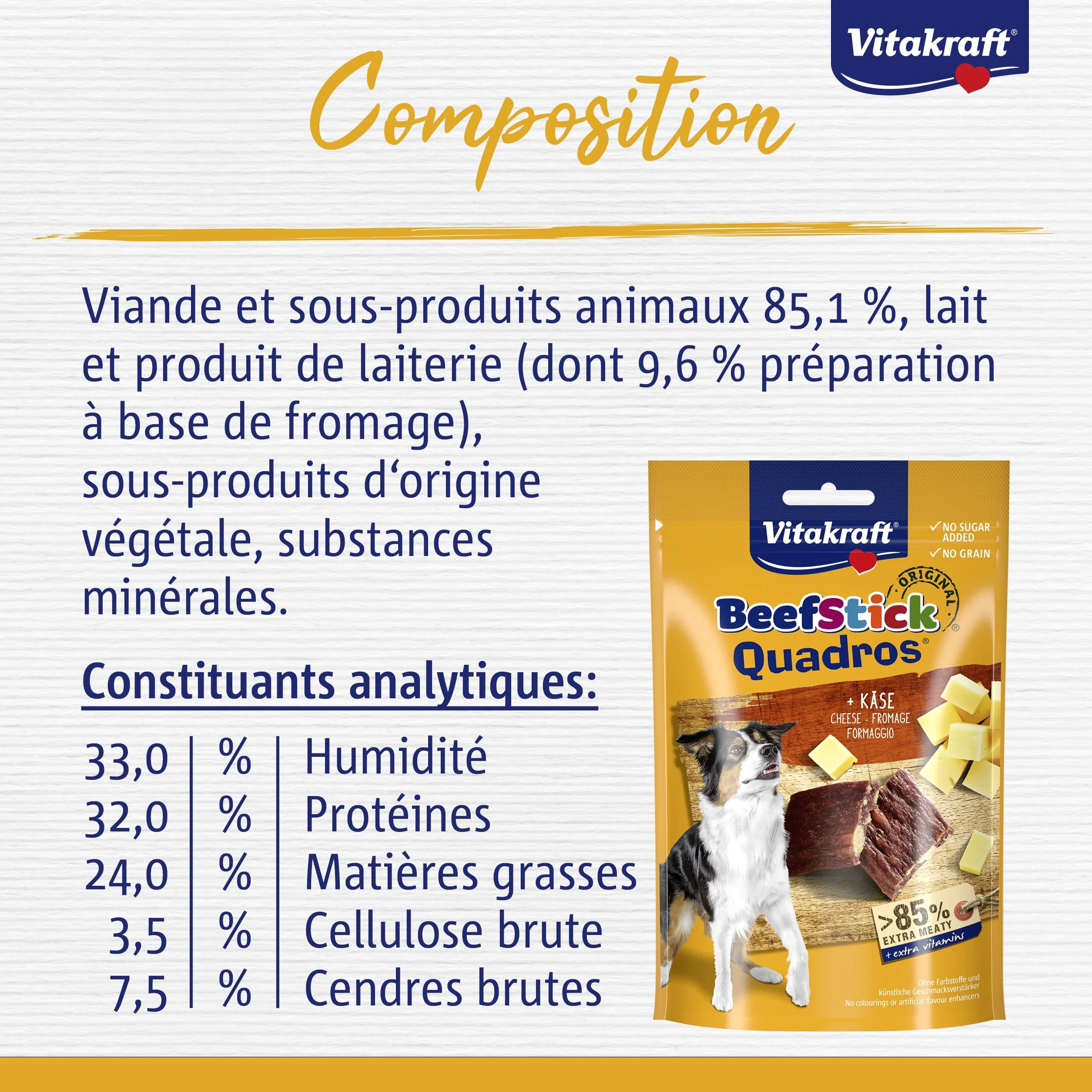 VITAKRAFT Beef Stick Quadros Friandises pour Chiens Sticks Viande Fromage sans Sucres Ajoutés 70G