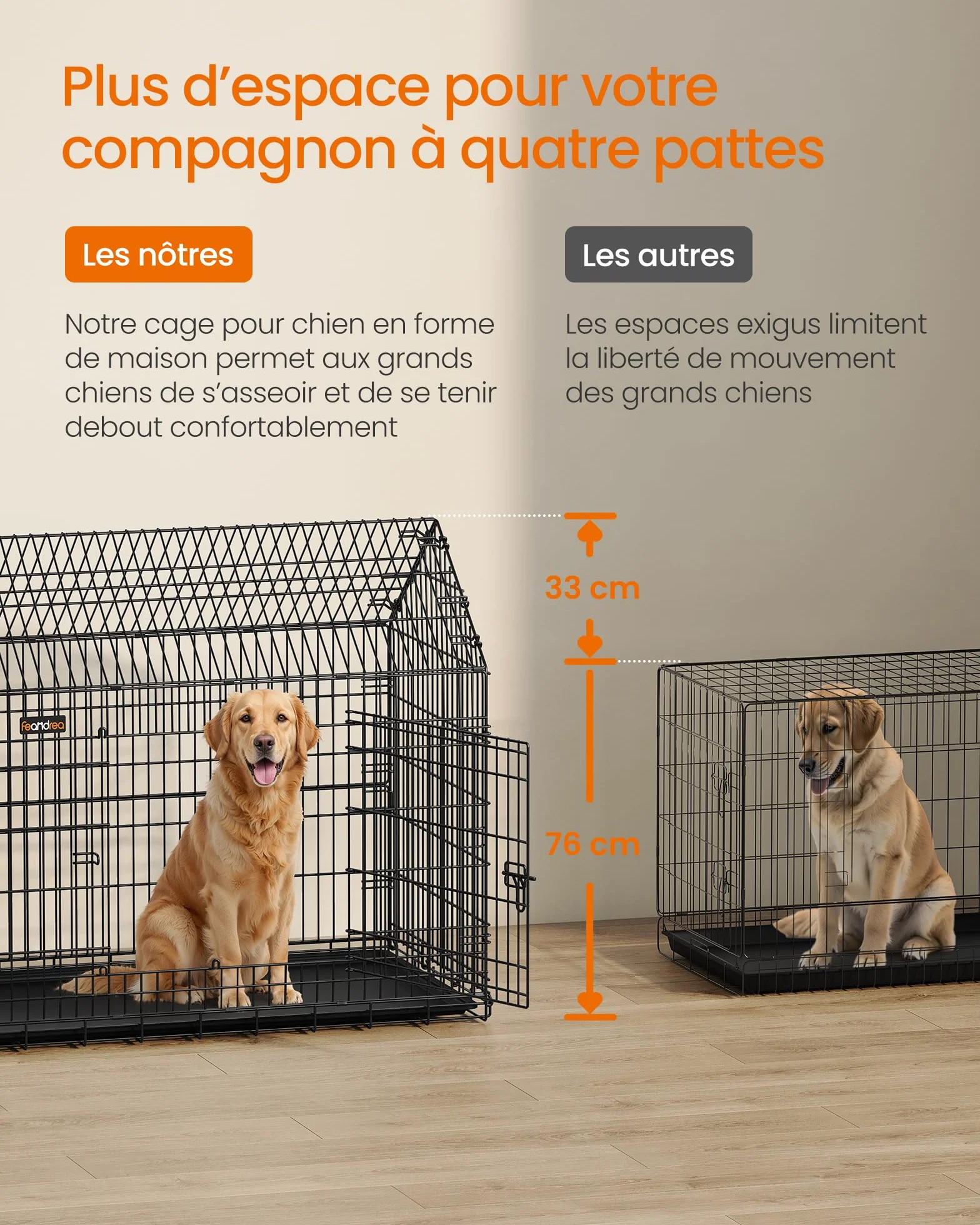Feandrea Cage pour Chien Pliable, 120 x 72.5 x 109 cm, Métal, XXL, Double Porte, Noir d'encre