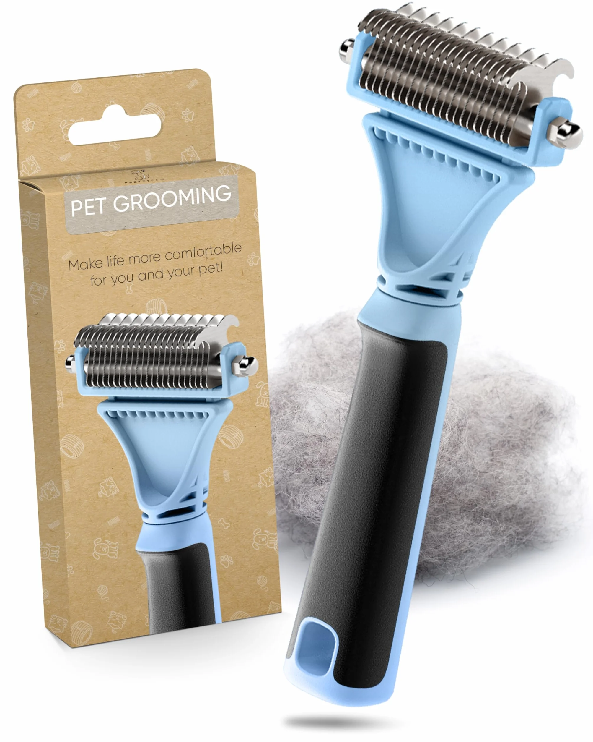 Pretty Paw Brosse Sous Poil Chat Anti-Mue Peigne Toilettage Doux Poils Longs Courts Dents Inox Bleu