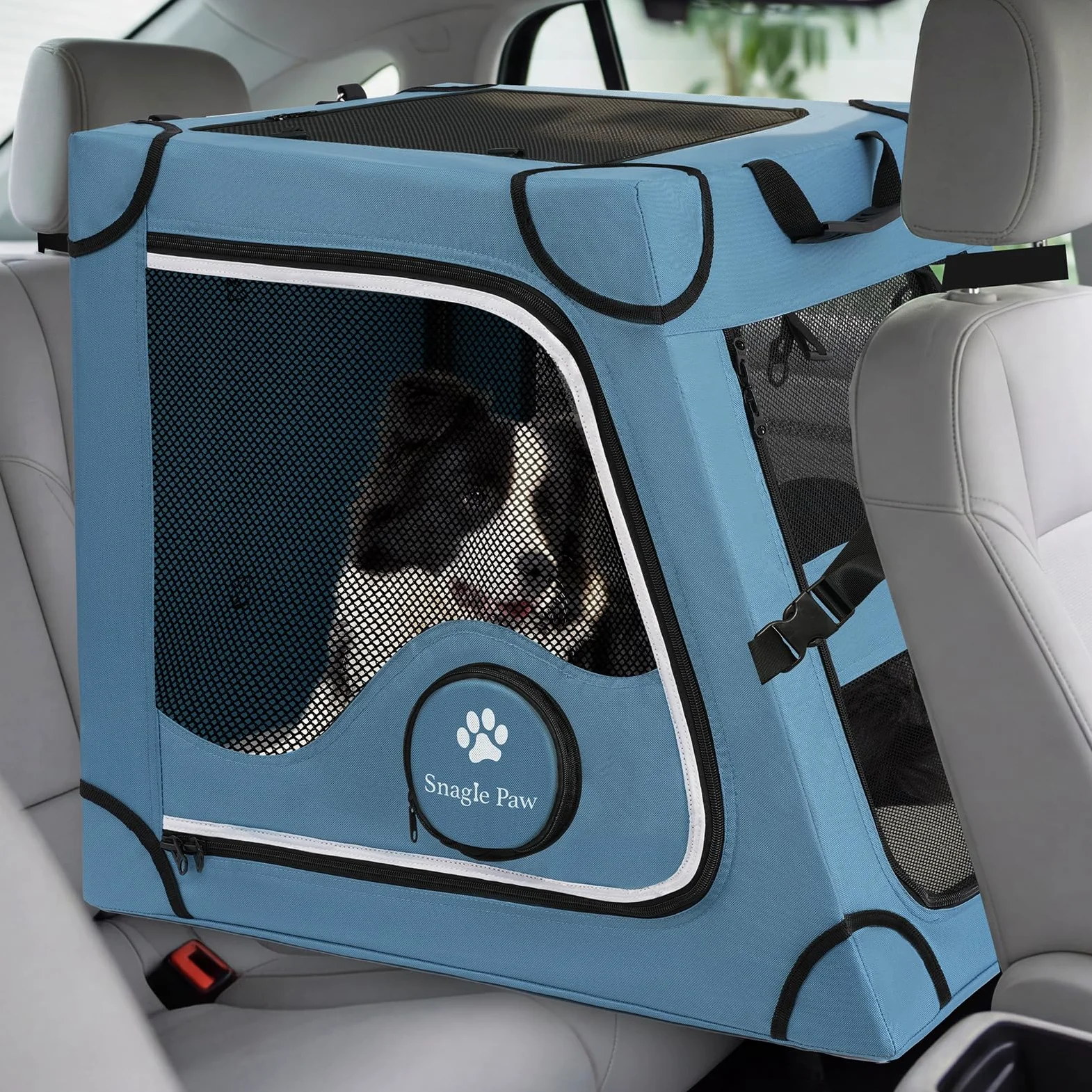 Snagle Paw Cage portable pour chien pour voyage en voiture, cadre en métal, cage de transport pour animal domestique pour siège arrière de voiture sécurisée avec sangle d'appui-tête et ceinture de