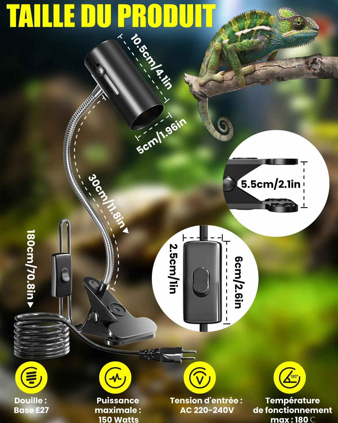 Lampe Chauffante Reptiles Tortue UVA UVB 50W E27 avec Douille Flexible 360° Rotation