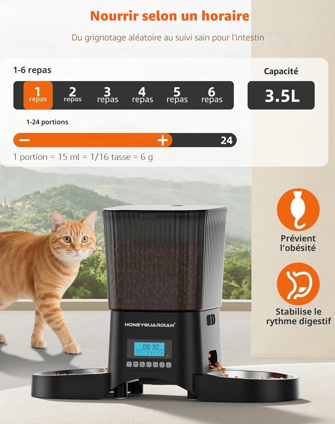 HoneyGuaridan Distributeur Croquettes Chat Automatique 3.5L 2 Bols avec Minuterie Programmable