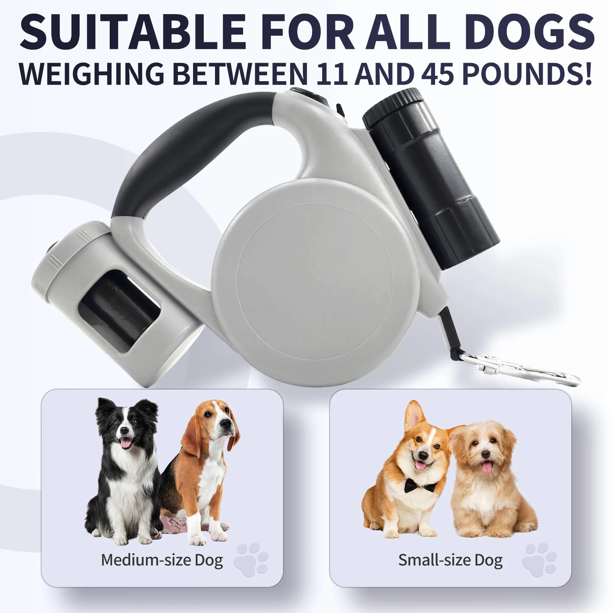 Laisse rétractable pour grand chien avec lampe de poche amovible et distributeur de sacs à déjections canines
