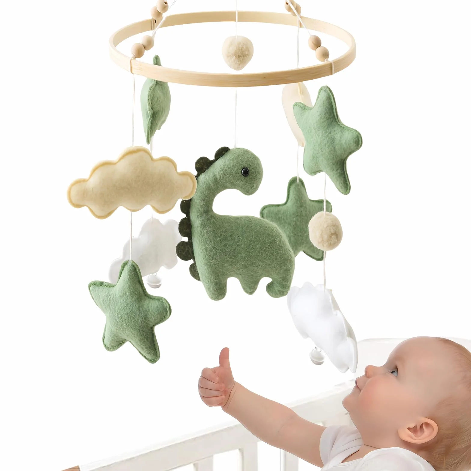 Carillon éolien bébé Dinosaure étoiles nuages Mobile bois lit bébé Jouet sensoriel Cadeau vert chambre enfant