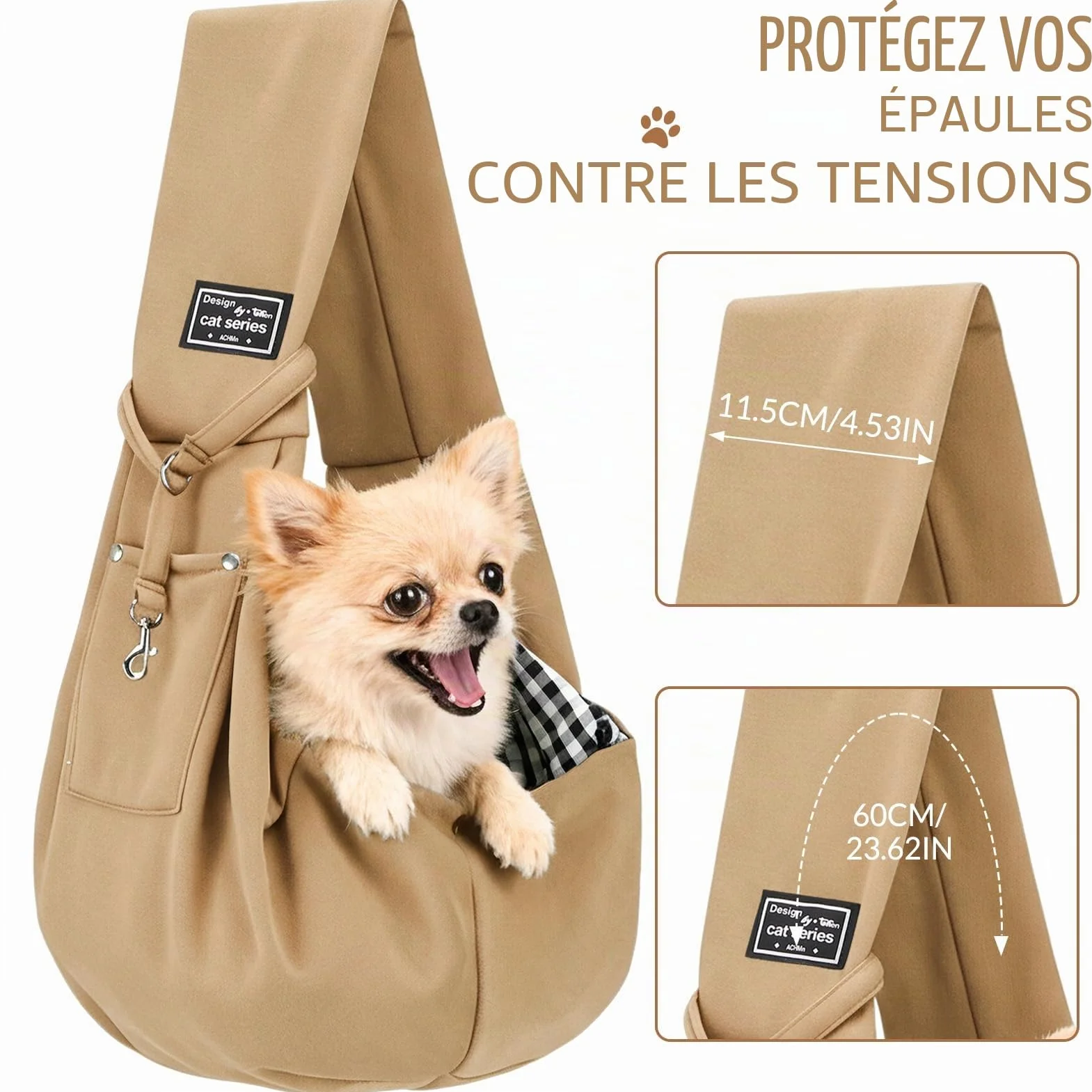 Sac de Transport pour Chien Chat à Bandoulière Mains Libres Respirant Réversible jusqu'à 7 KG Kaki