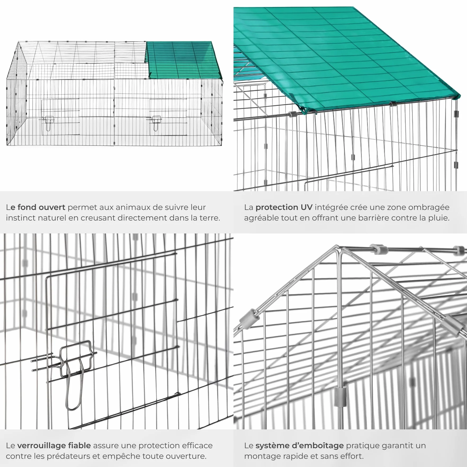 tectake Clapier Lapin Exterieur Cage Cochon d'Inde Lapin Rongeurs 180x75x75 cm Métal XXL Sol sans Fond 2 Portes Pare-Soleil Toit