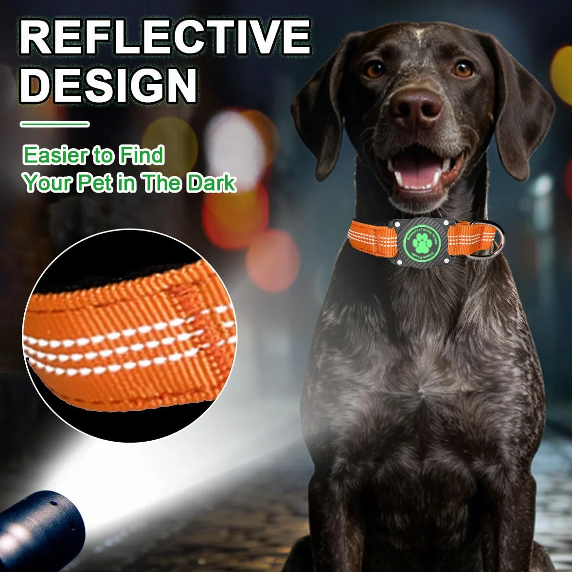 Collier Airtag pour Chien, Support Lumineux Étanche, Collier Réglable en Nylon Réfléchissant pour Apple Air Tag, Orange