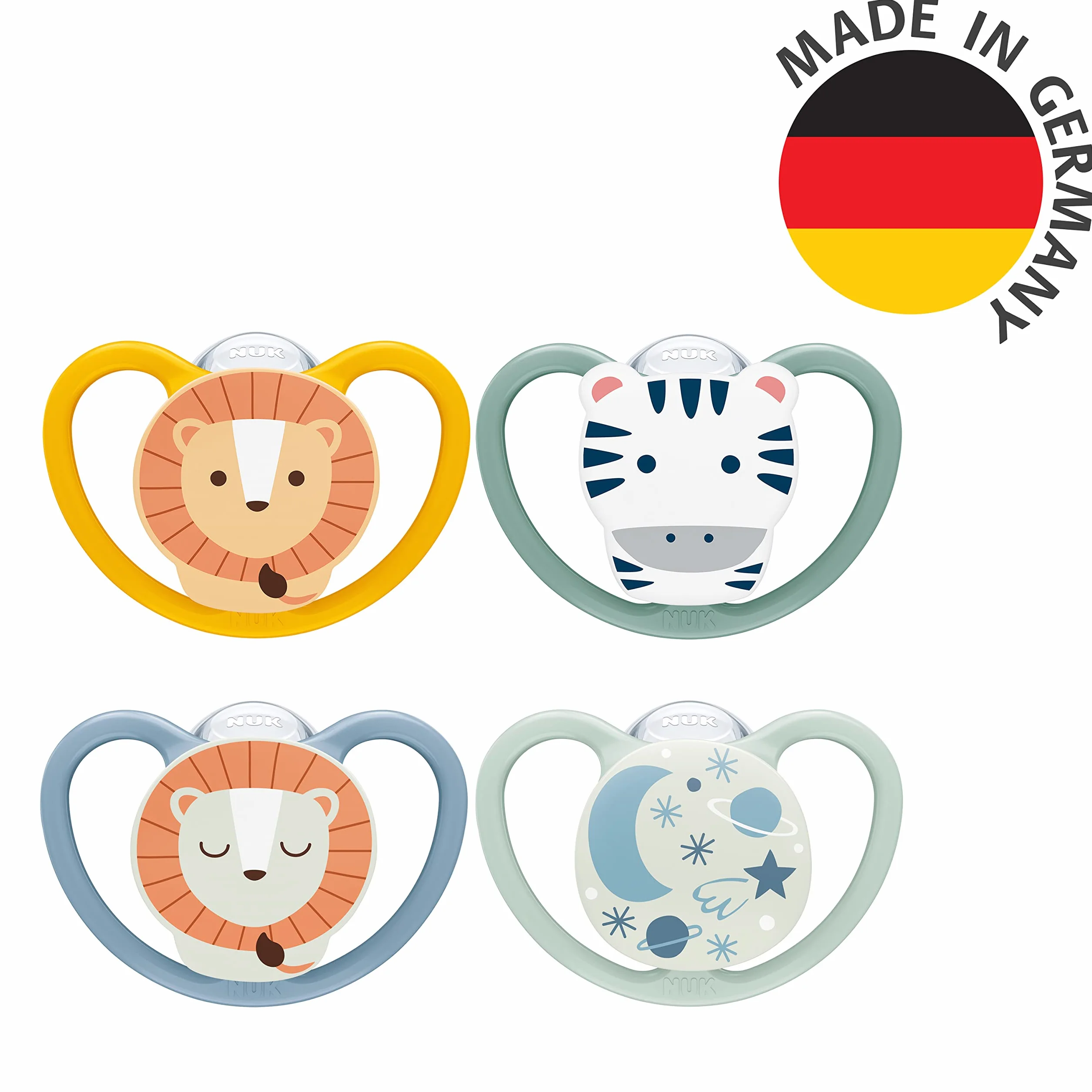 NUK Space Day & Night Tétine bébé 18-36 mois Sucettes phosphorescentes aérations extra-larges peaux sensibles Zèbre Lion Lot de 4