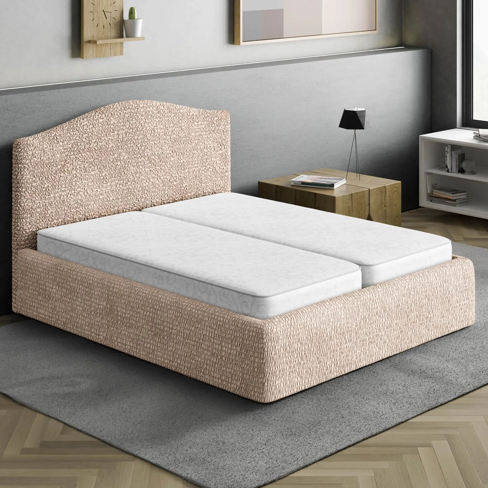 Housse de tête de lit et Tour de lit 2 Personnes Microfibre Unie Anti-Rayures Lavable Machine Oeko-TEX Taupe