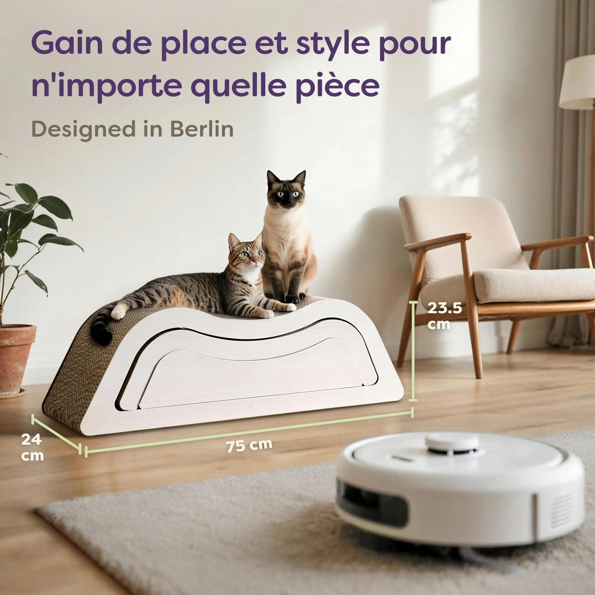 Knupis Griffoir Chat XXL 78 cm Blanc – 3 Pièces – Grattoir Chat en Carton | Tient jusqu'à 2 ans, matière très résistante, peu encombrant, protège canapé et meubles, motif nuage sobre