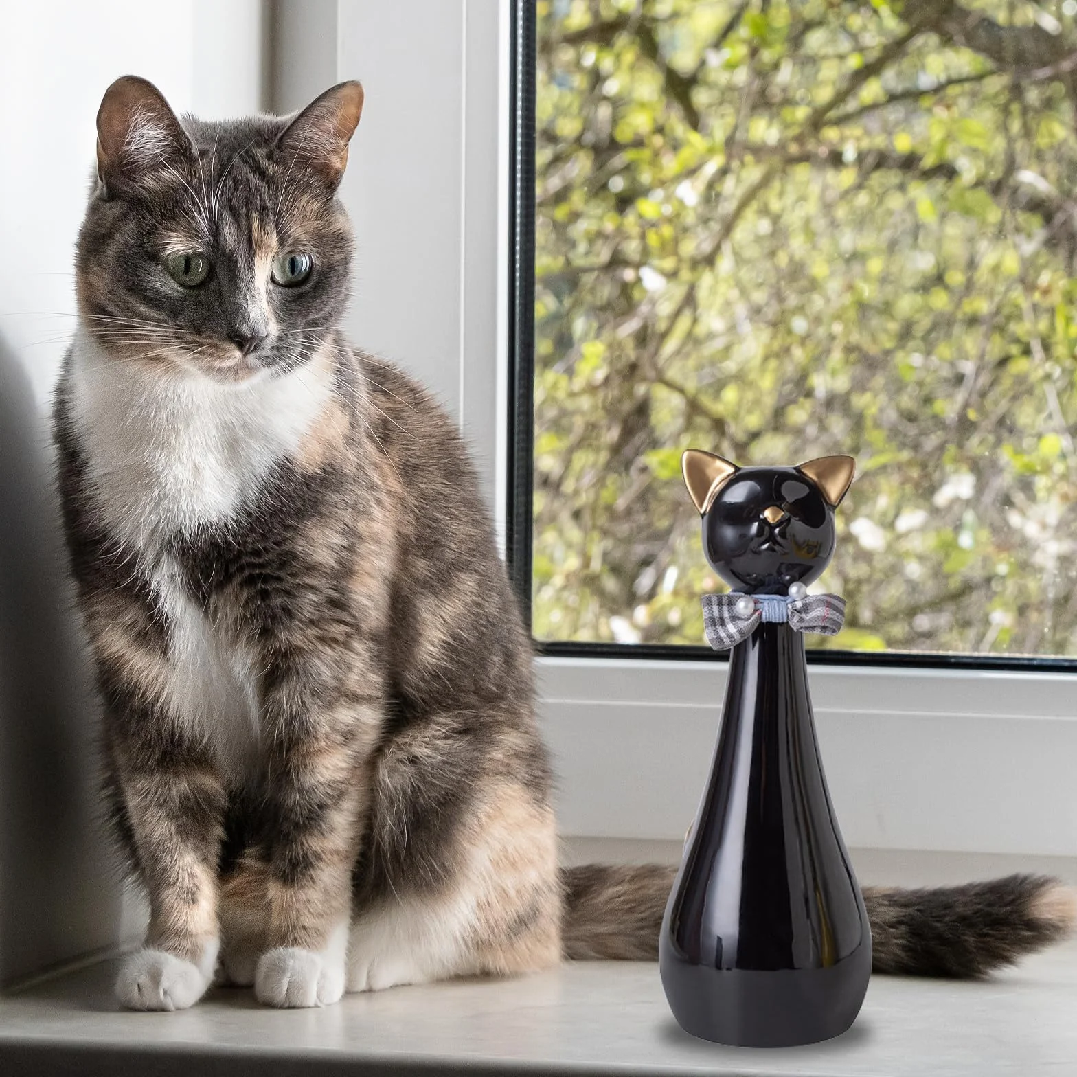 Urne Chat Chien Céramique 9,5 x 9,5 x 25,5 cm 550 ML Noire Collier Nœud Souvenir Animal